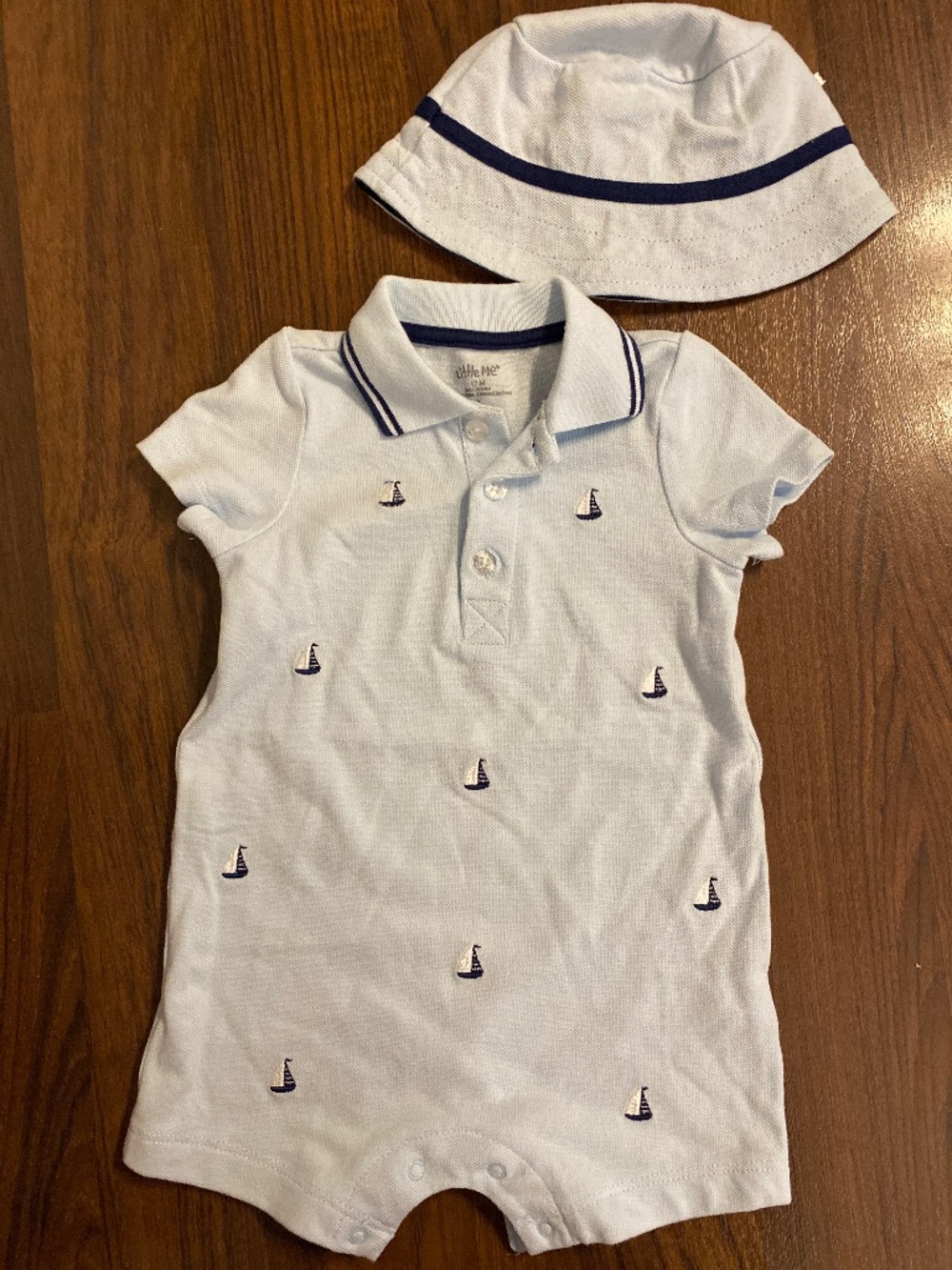 Little Me Baby Blue Romper with Embroidered Sailboats